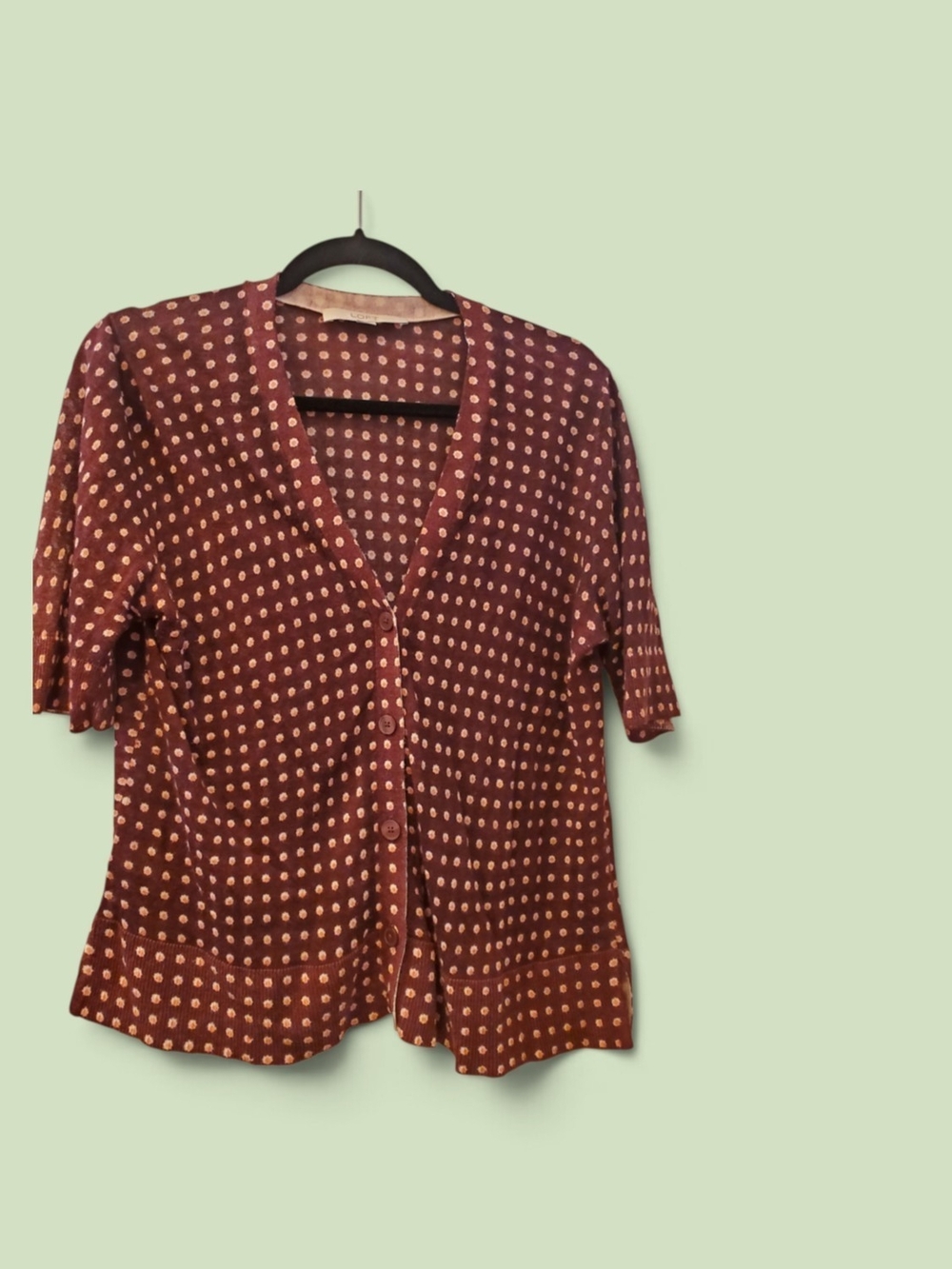 LOFT Polka Dot Button-Front Women’s Top in Maroon and Cream